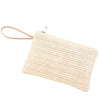 A beige handwoven straw makeup bag with a zipper pull.