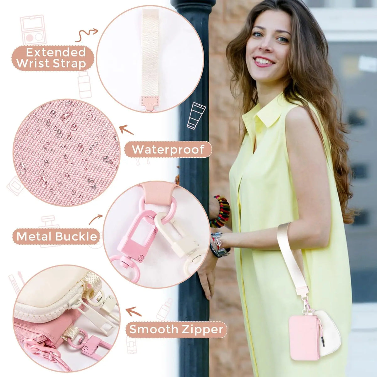 A young woman holds a pink nylon zip wristlet coin purse and strap against a dark pole.