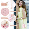 A young woman holds a pink nylon zipper wristlet pouch for coins and essentials, demonstrating its waterproof features.