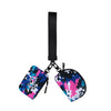 Black strap mini nylon zipper wristlet pouch with a pink and blue camouflage pattern