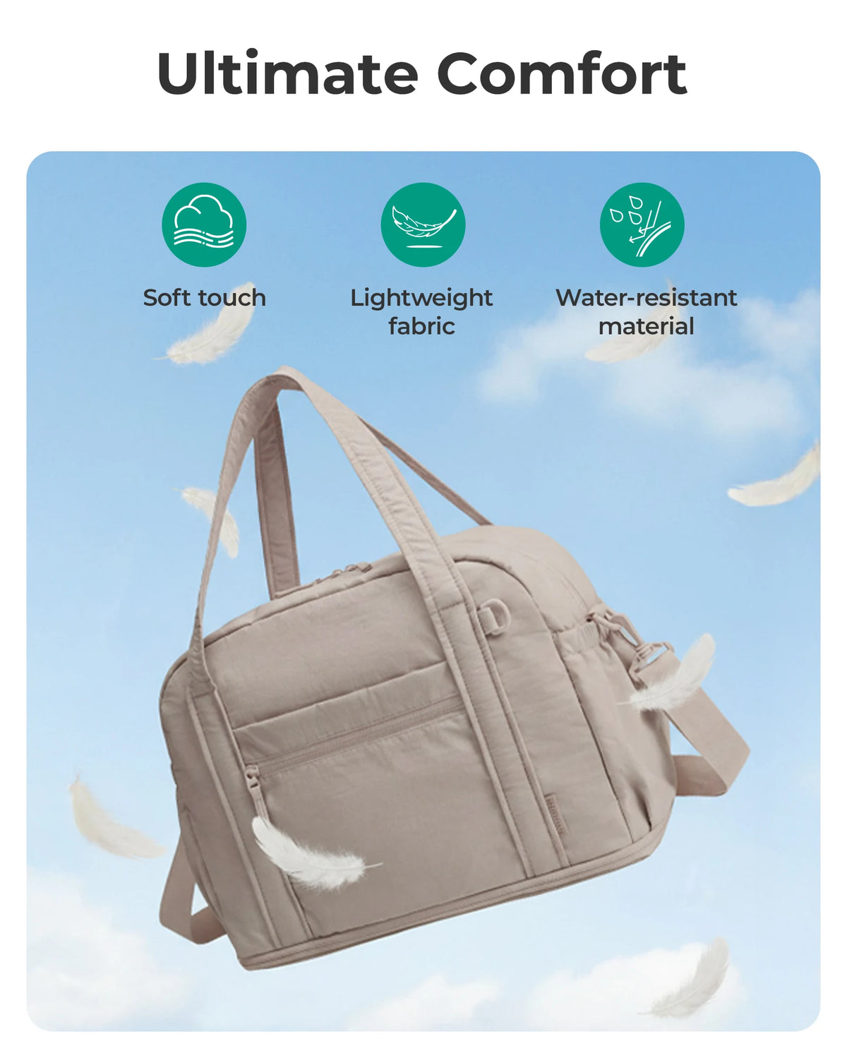 A beige expandable lightweight travel duffle bag is shown against a light blue sky with fluffy white feathers.
