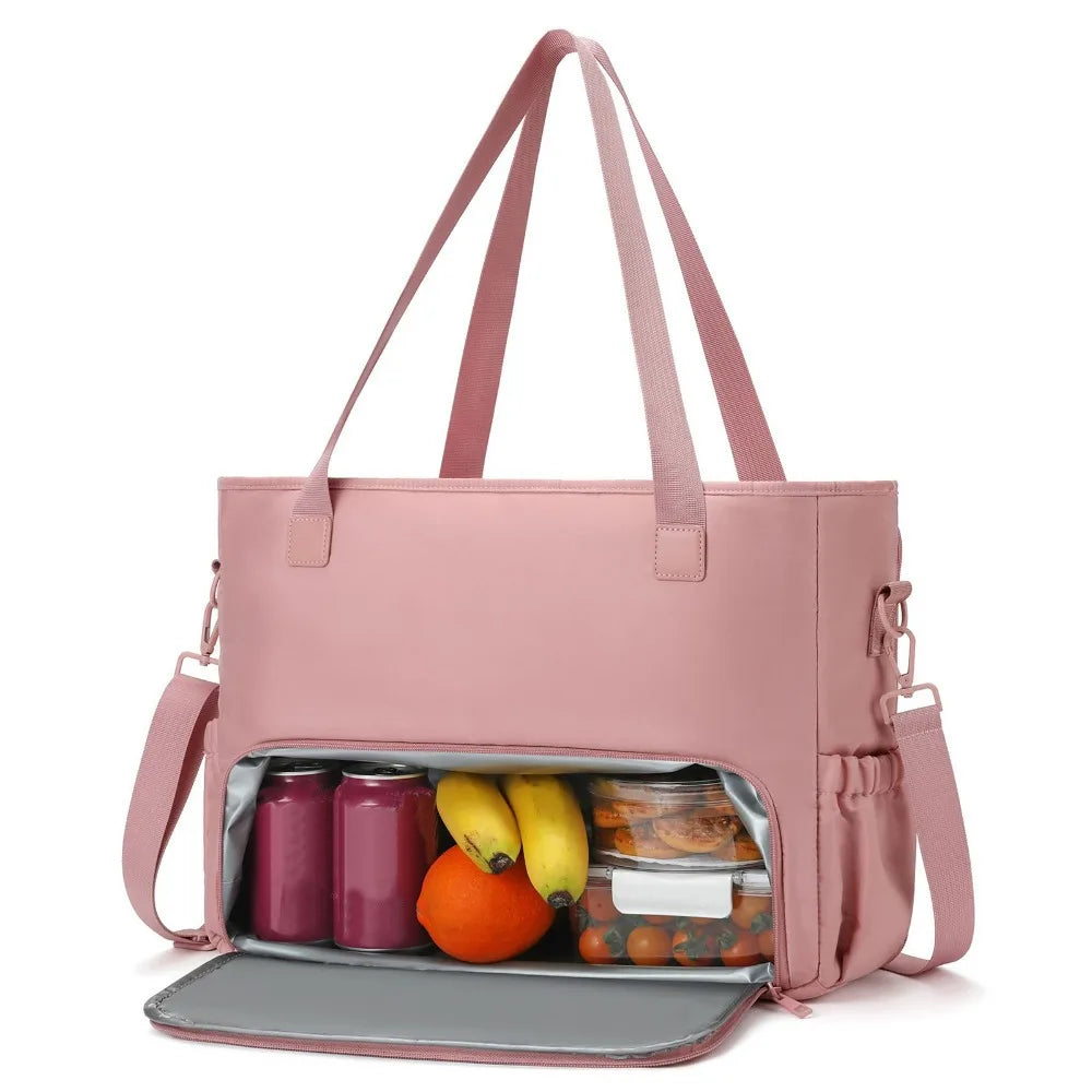 A pink insulated 2-in-1 lunch tote bag with a laptop compartment and storage for essentials.