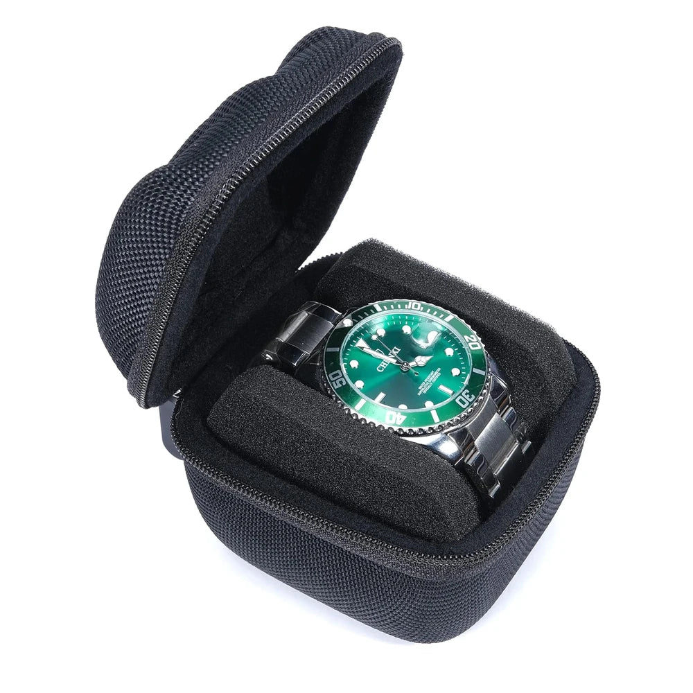 Black zippered organizer case for a watch, featuring a green-faced timepiece.
