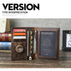 A brown genuine leather passport holder displaying a passport and RFID protection features.