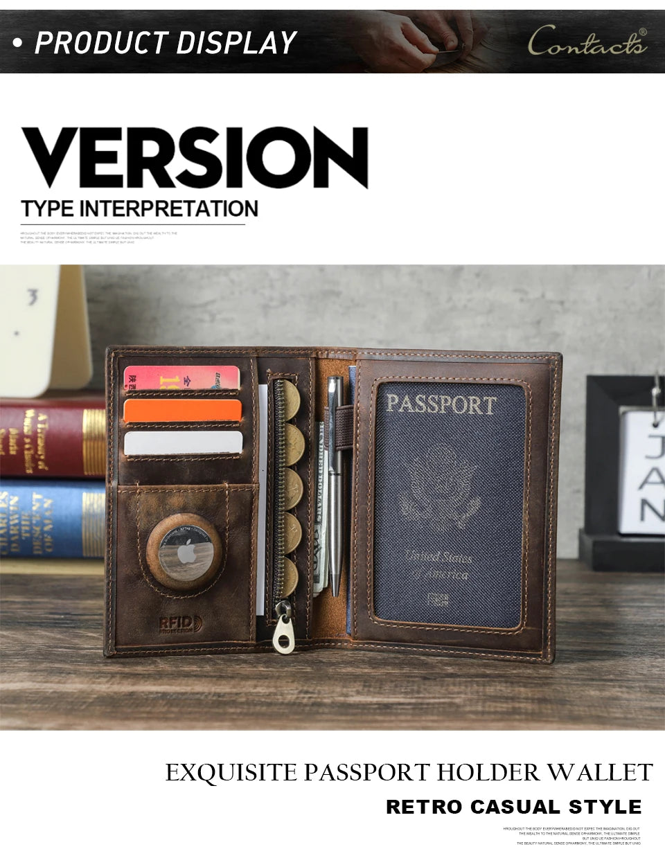 A brown genuine leather passport holder displaying a passport and RFID protection features.