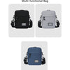 Three versions of a multi-functional bag in black, light gray, and blue shown from the front.