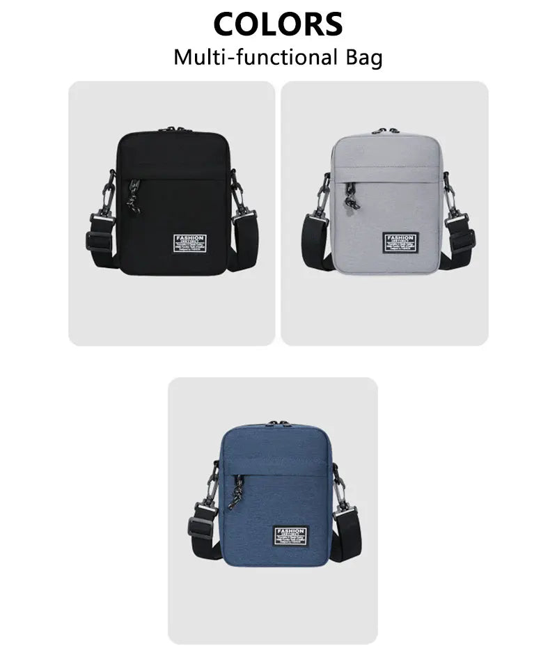 Three versions of a multi-functional bag in black, light gray, and blue shown from the front.