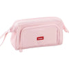 A pink multifunctional pencil case for students with a zipper closure and a hanging strap.