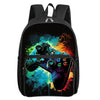 Black backpack featuring a colorful game controller graphic on the front pocket