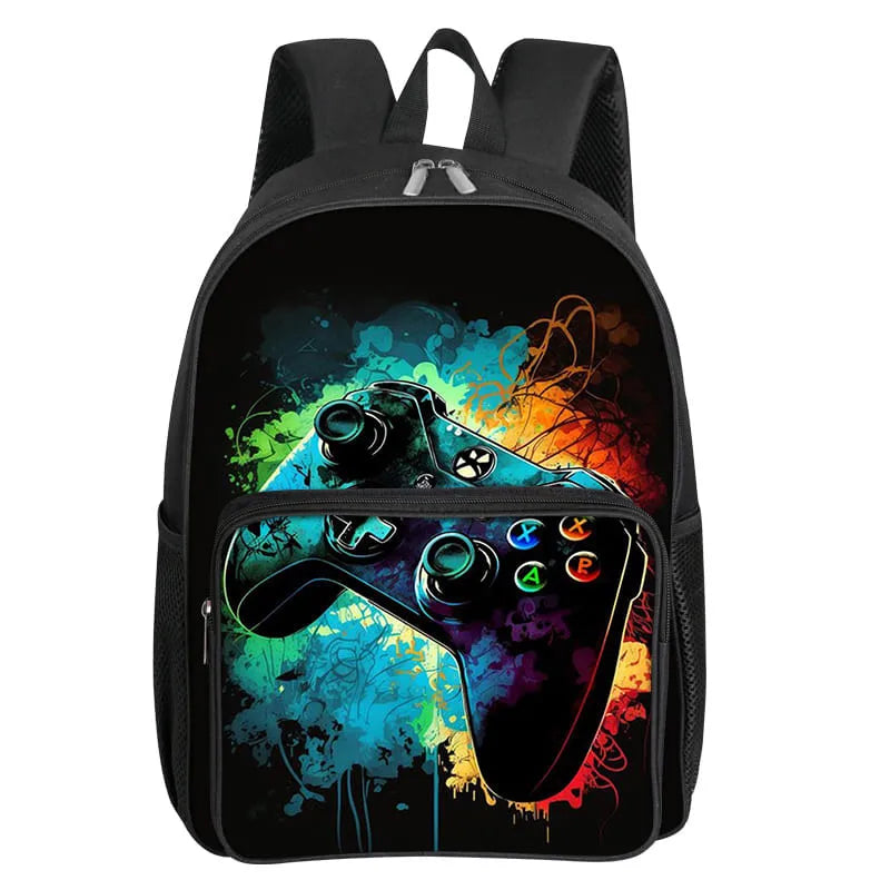 Black backpack featuring a colorful game controller graphic on the front pocket