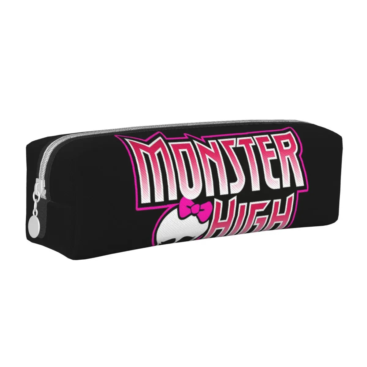 Black leather pencil case with pink and white text reading Monster High