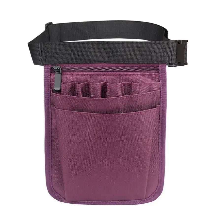 A purple nurse organizer belt waist bag with multiple internal pockets and a black strap.