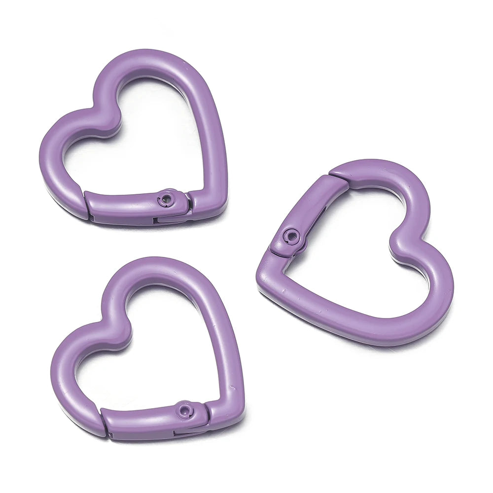 Three purple heart-shaped metal spring clasps for DIY jewelry and keychains