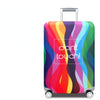 A colorful, wavy-patterned heavy duty luggage protection cover on a rolling suitcase.
