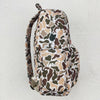 A camouflage patterned backpack featuring animal prints in brown, green, and tan colors.