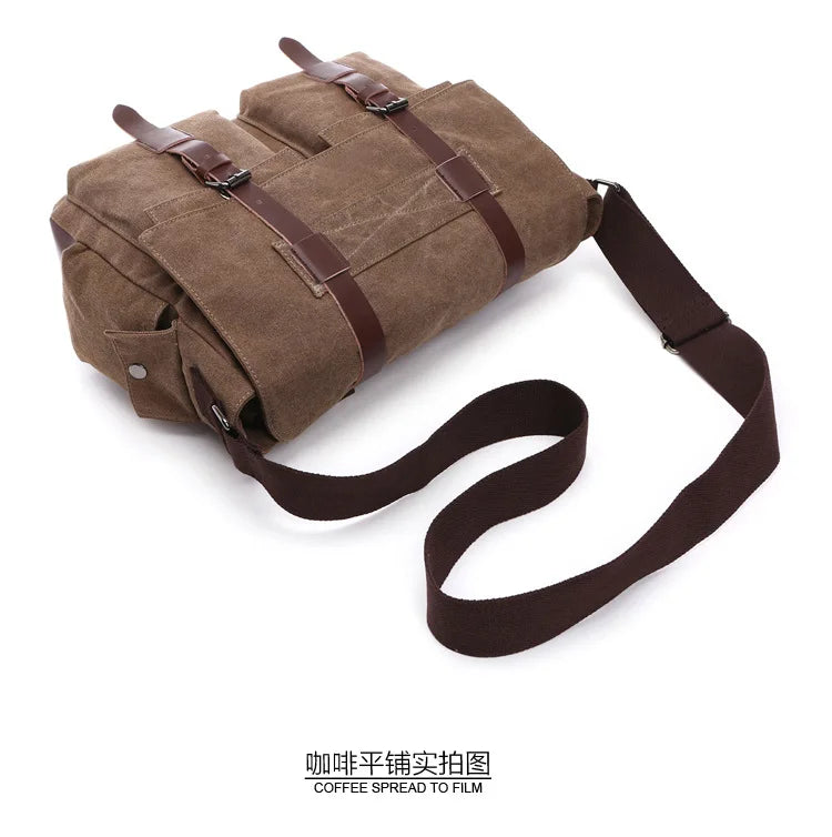 A brown canvas messenger bag for men with dark brown leather straps, shown from above.