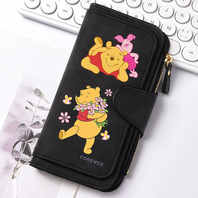 Black women's long zipper handbag coin purse featuring cute bear illustrations