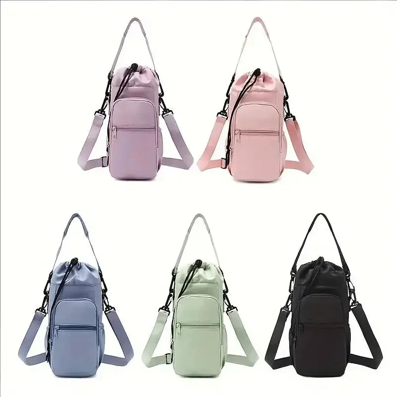 Three versions of a pink and black insulated water bottle crossbody bag with a phone pocket shown from the front.