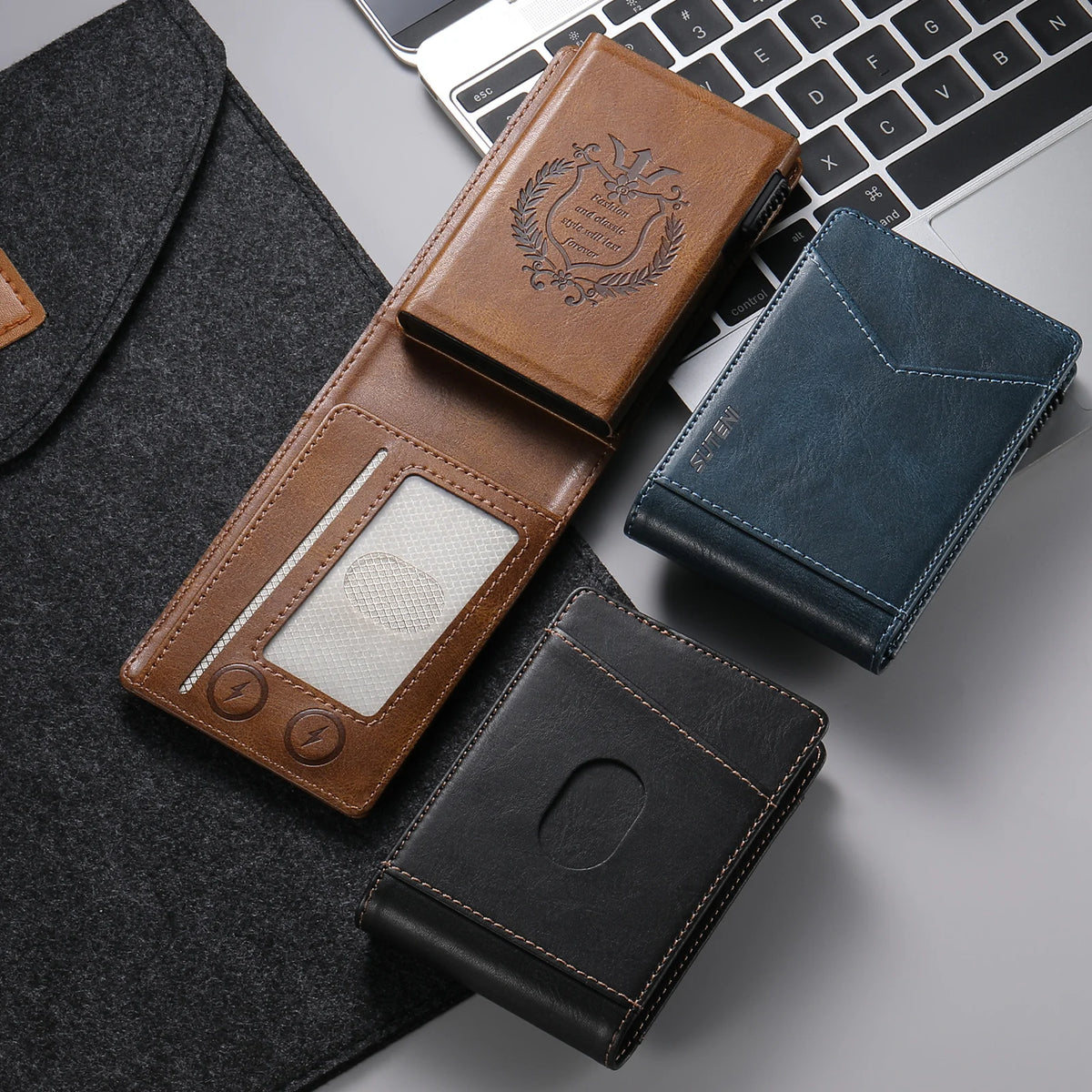 A collection of brown and blue anti-RFID blocking PU leather card holders resting on a gray surface.