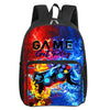A black backpack featuring a vibrant red and blue game controller graphic with a front pocket.