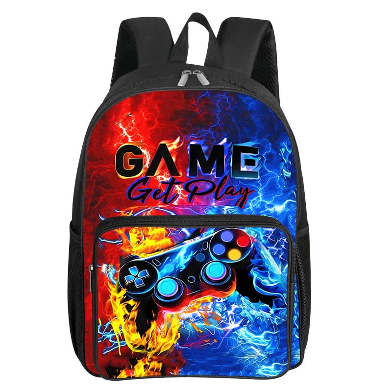 A black backpack featuring a vibrant red and blue game controller graphic with a front pocket.
