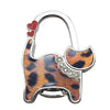 Silver cat-shaped handbag hooks with a leopard print design