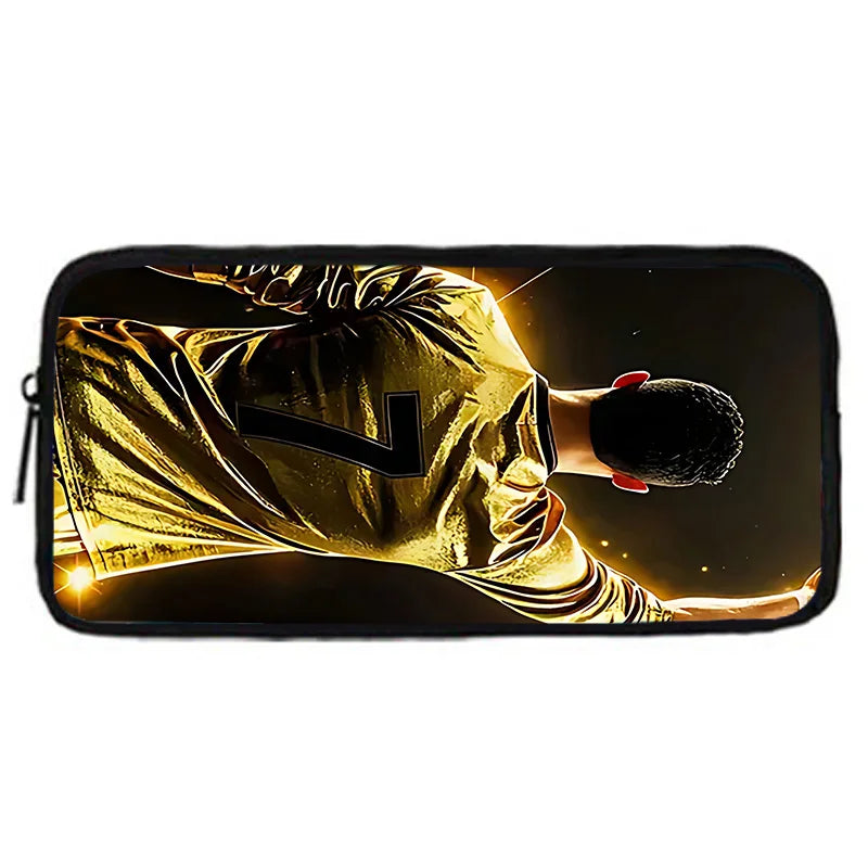 A black zippered pouch featuring a golden-yellow cartoon character design on the interior.