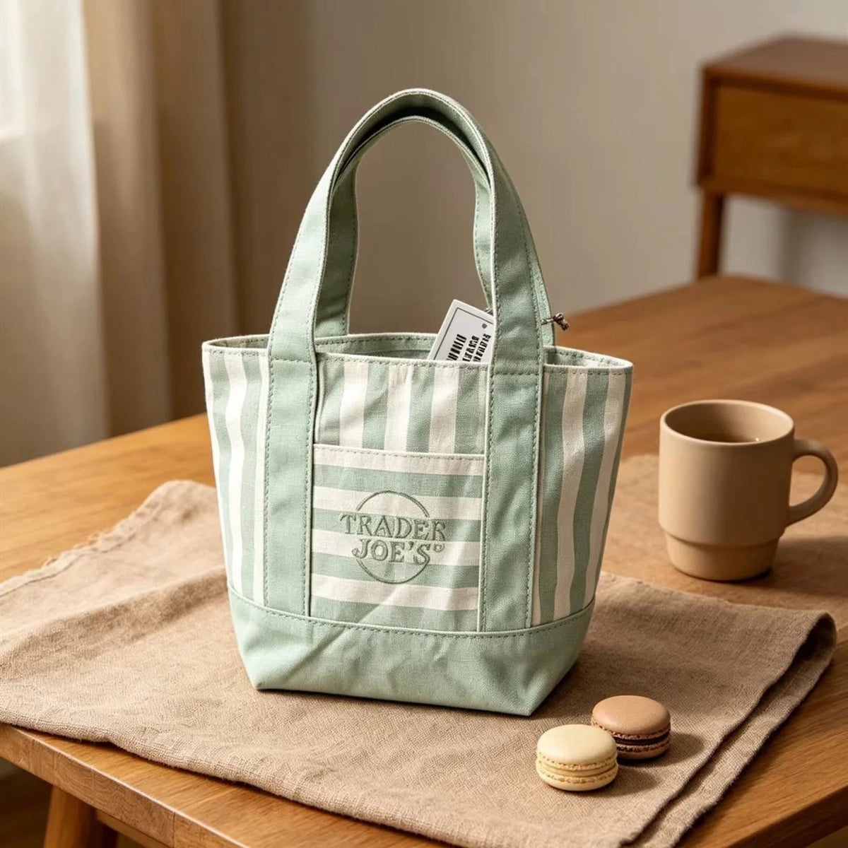 Una bolsa de lona a rayas verde claro y blanco sobre un paño de lino beige en una mesa de madera.
