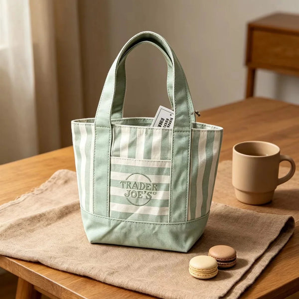 A light green and white striped canvas tote bag resting on a beige linen cloth on a wooden table.