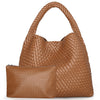 A brown handwoven faux leather tote bag and matching clutch displayed on a white background.