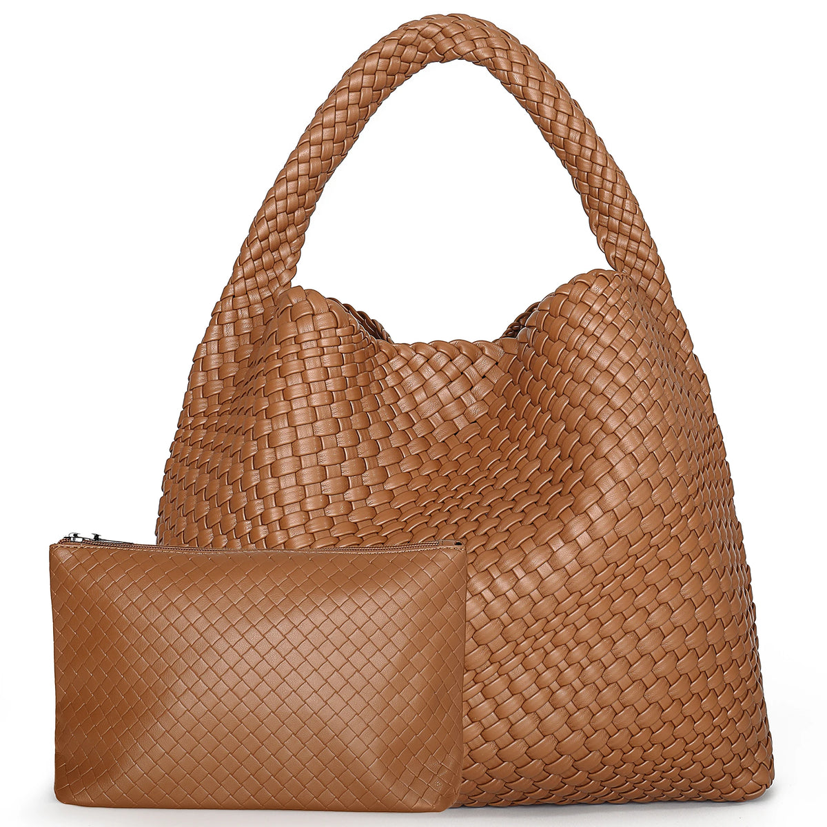A brown handwoven faux leather tote bag and matching clutch displayed on a white background.