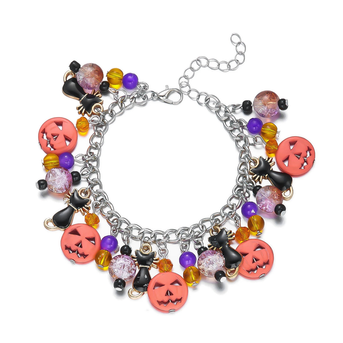 A silver charm bracelet featuring various colored glass beads and black and orange pumpkin ghost charms.