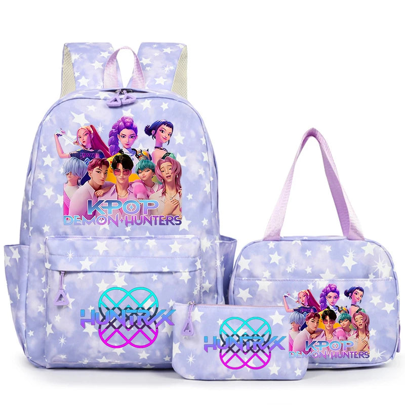 A purple nylon backpack set featuring K-pop demon hunters characters and a matching pouch.