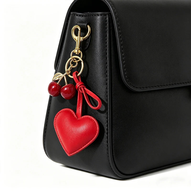 Black leather pouch featuring a red heart keychain with a cherry pendant.