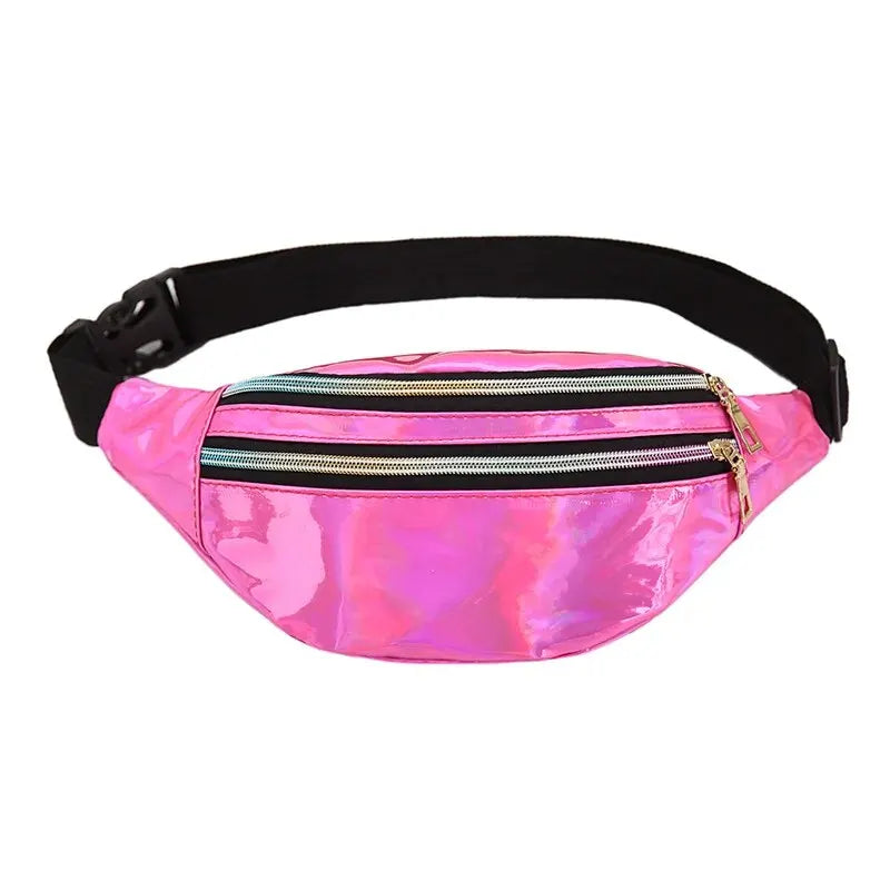 Pink holographic sequin waist bag with a black adjustable strap