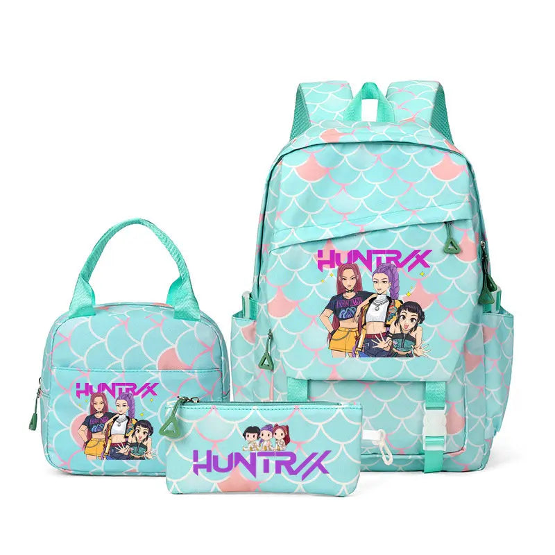 A teal patterned backpack and matching pouch featuring a hunting theme for daily use.
