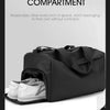 A black waterproof travel duffle bag with a side independent shoe compartment shown open.