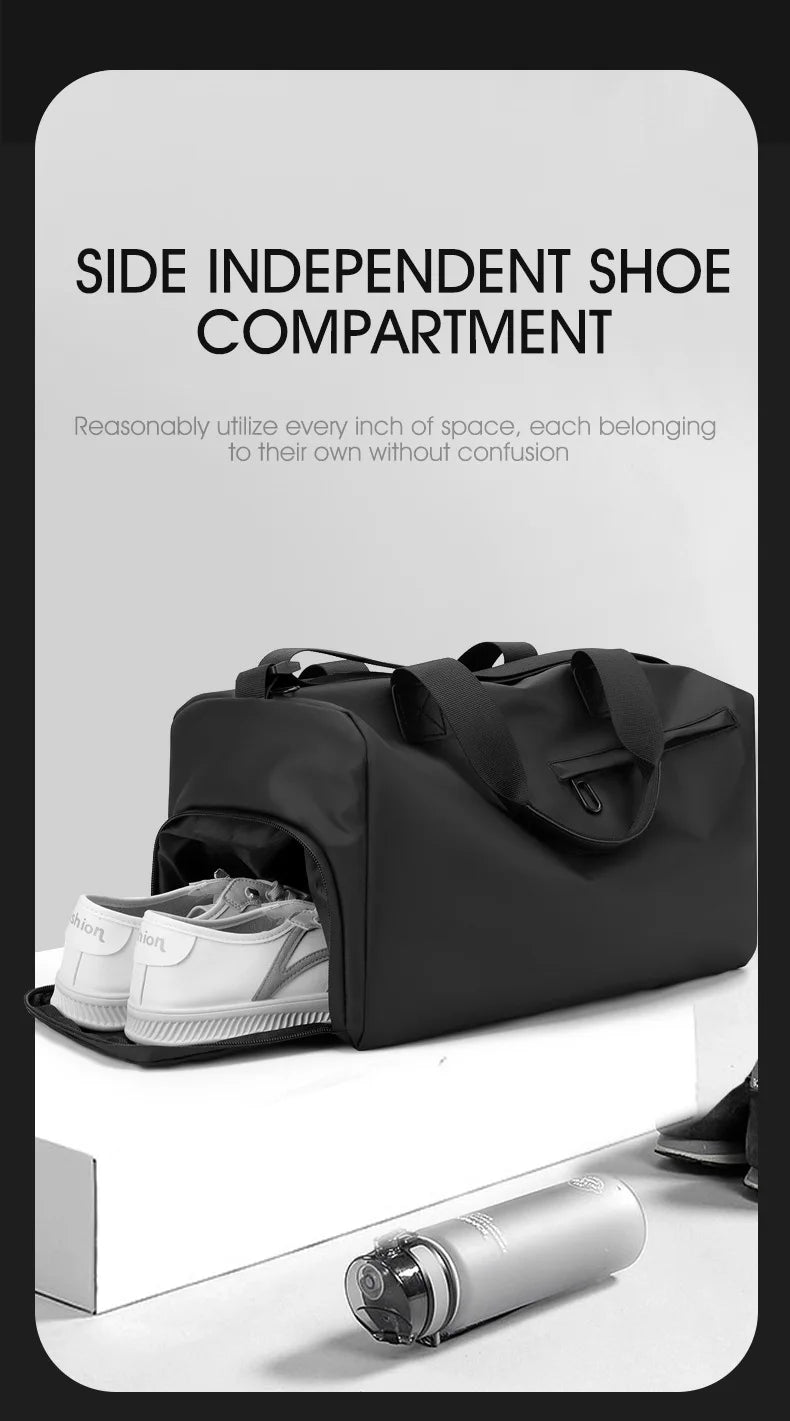 A black waterproof travel duffle bag with a side independent shoe compartment shown open.