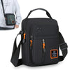 Black men's crossbody sling bag with a headphone port and adjustable strap.