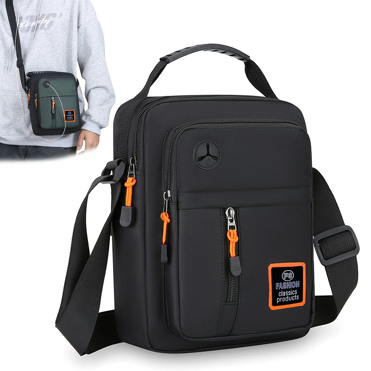 Black men's crossbody sling bag with a headphone port and adjustable strap.