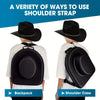 A black durable EVA hard shell hat case is shown on a white t-shirt, displayed as a backpack and shoulder case.