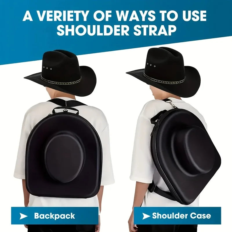 A black durable EVA hard shell hat case is shown on a white t-shirt, displayed as a backpack and shoulder case.