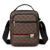 Brown patterned sling bag with black strap and leather accents