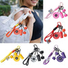 Various colored detachable dumbbell keychain charms on pink, orange, and purple cords.