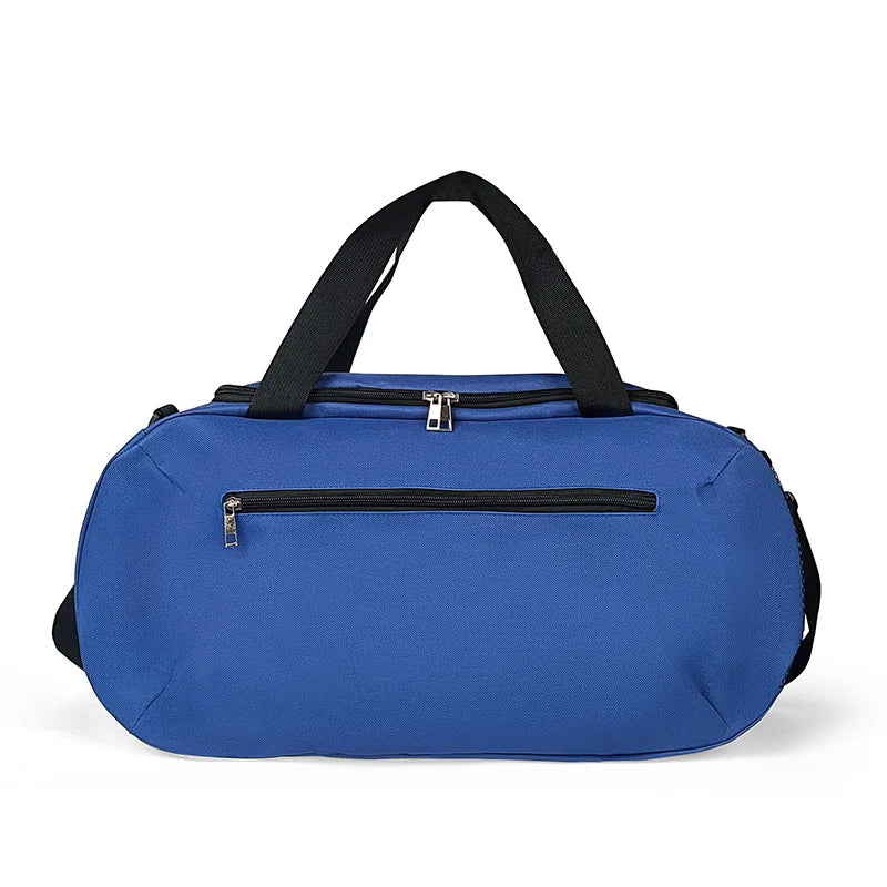 A royal blue waterproof sports duffel bag with black straps and zipper.