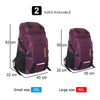 Two purple travel backpacks are shown, one small size (50L) and one large size (80L), with dimensions provided.