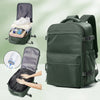 A dark olive green expandable vacuum compression travel backpack shown with accessories and a close-up of the vacuum function