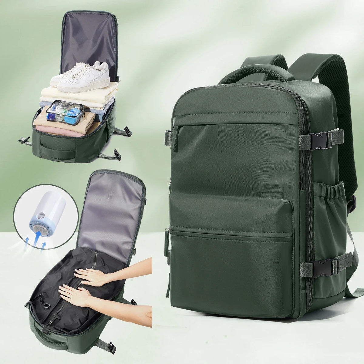 A dark olive green expandable vacuum compression travel backpack shown with accessories and a close-up of the vacuum function