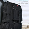 A black durable travel backpack is shown being worn by a person, highlighting its large capacity and direct boarding features