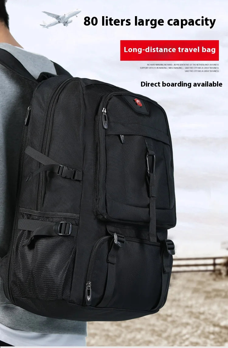 A black durable travel backpack is shown being worn by a person, highlighting its large capacity and direct boarding features
